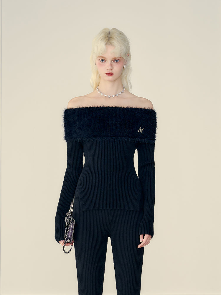 Off-shoulder Side-slit Fur Rib-knit