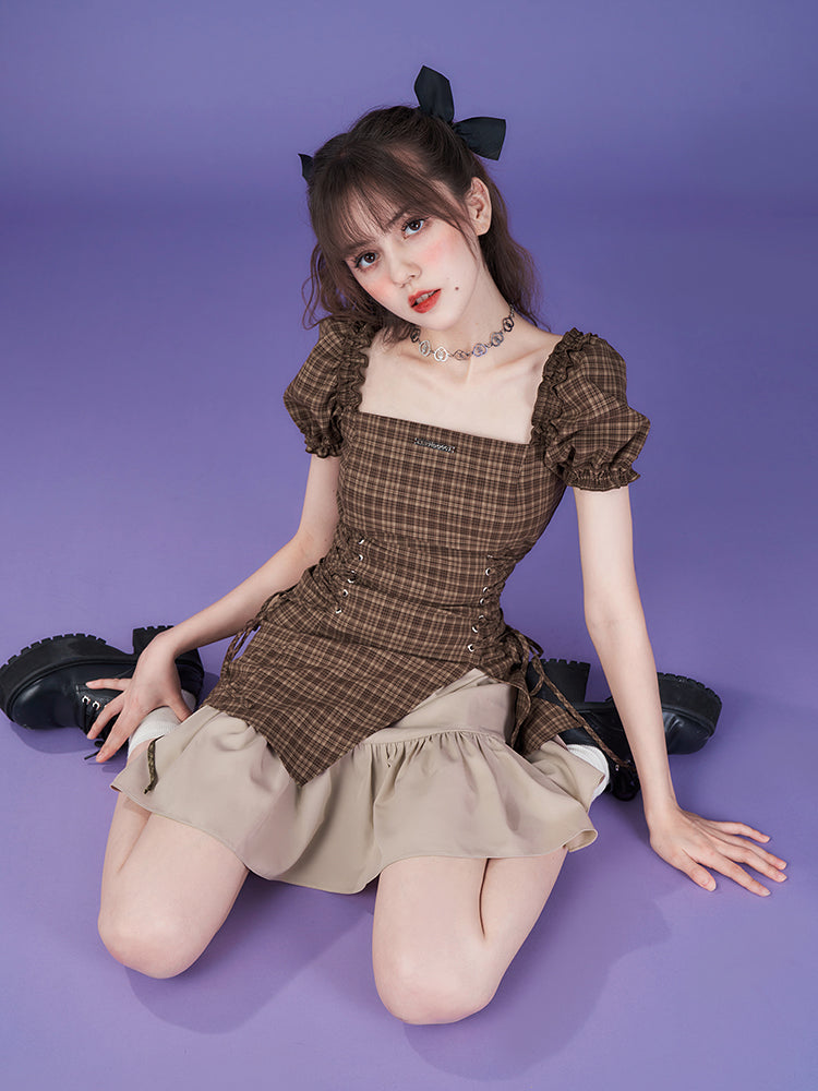 Lace-up Checked Girly Puff-sleeve One-piece