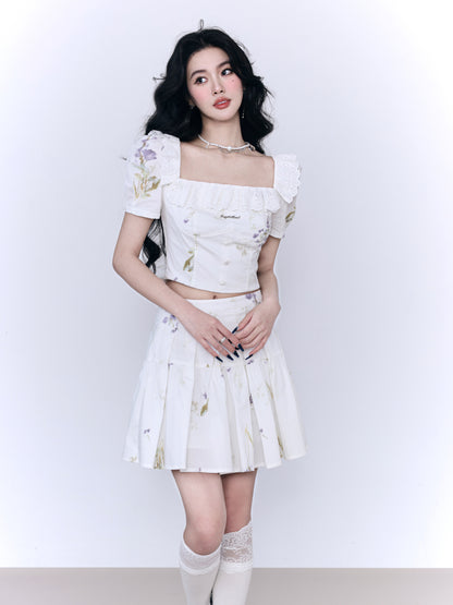 Lace Flower Natural Frill Girly Pleats Blouse＆Short-Skirt