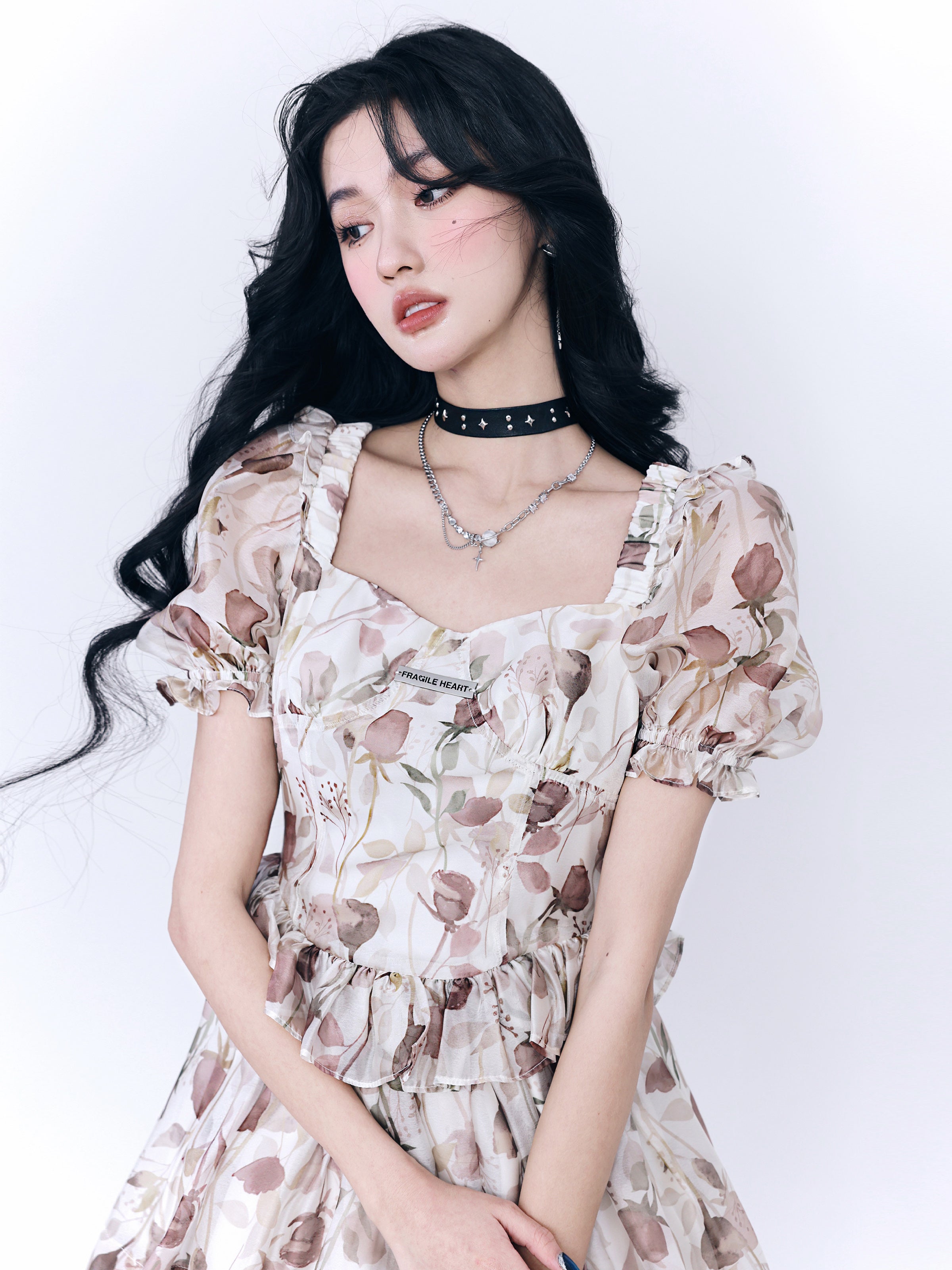 Frill Flower Tulip Tiered 귀여운 시폰 원피스