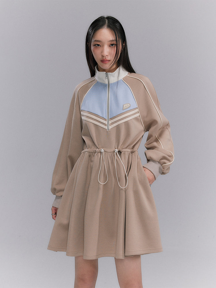 Drawstring Sporty Flare Stand-collar One-piece