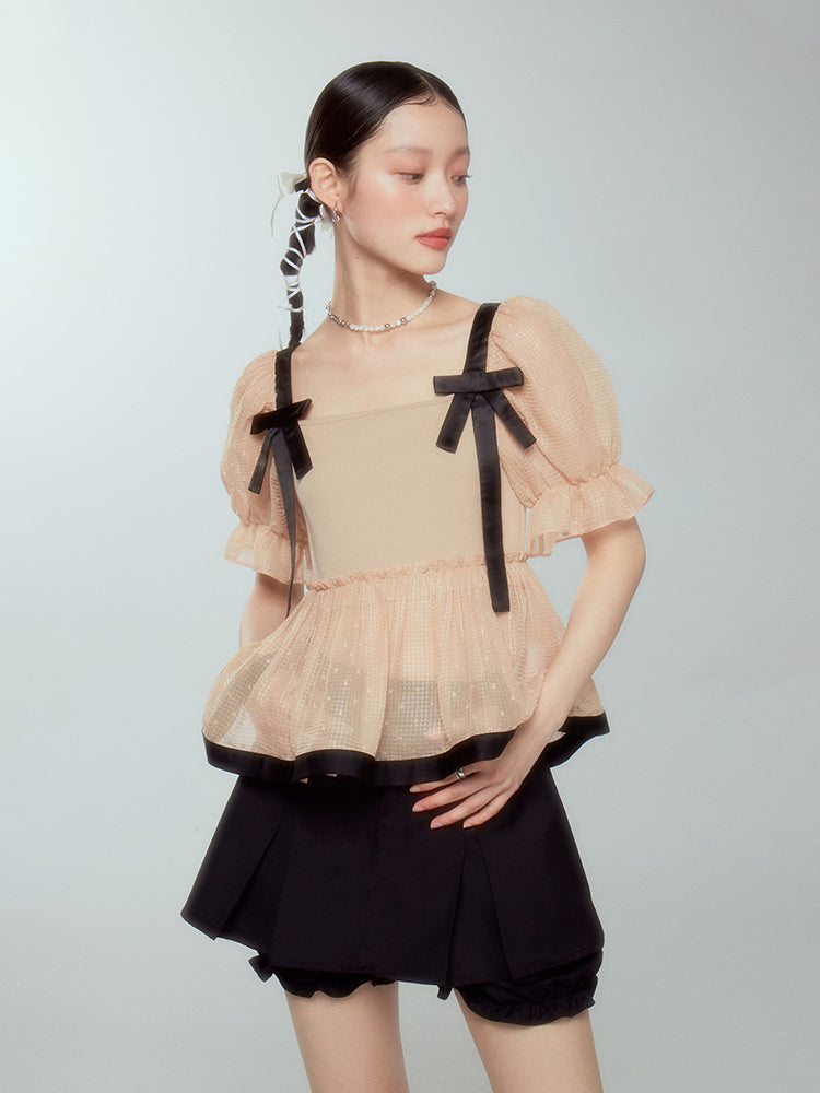 Ribbon Sheer Peplum Candy-Sleeve Blouse – ARCANA ARCHIVE