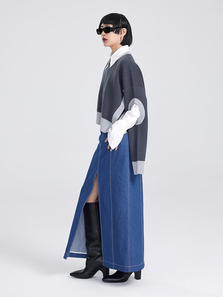 Sleeve-Hole Open-SHOULDER NICHI BI-COLOR LOOSE KNIT