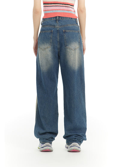 Nichi Contrast Faded-Denim Wide Casual Pants