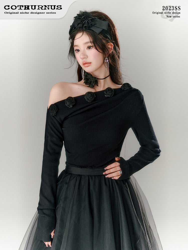 One-Shoulder Slim Rose-Motiv Cutsew