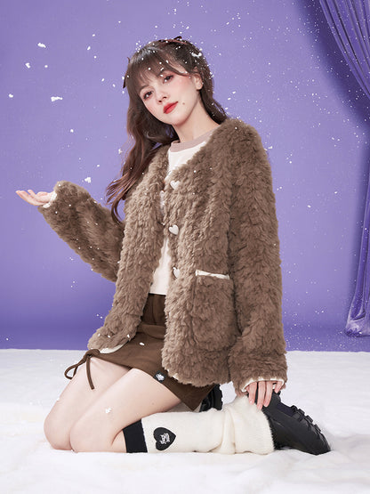 Heart NO-COLLAR FLUFFY BOA-COAT