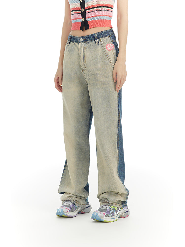 NICHI CONTRAST FADED-DENIM WIDE CASUAL PANTS