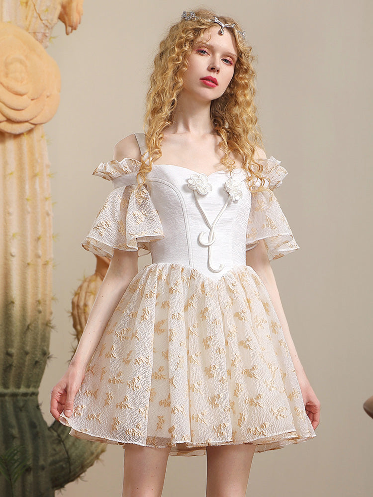 Opne-shoulder Princess Flare-sleeve Embroidery Dress