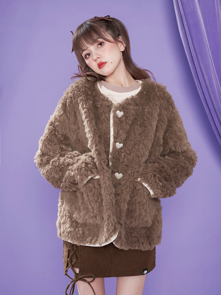 Heart No-collar Fluffy Boa-Coat