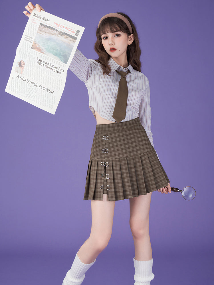 Pleats Checked Short Girly Skirt