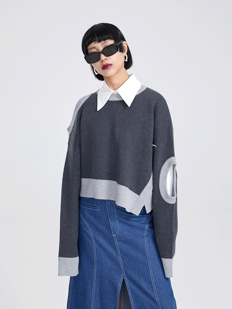 Sleeve-Hole Open-shoulder Nichi Bi-color Loose Knit