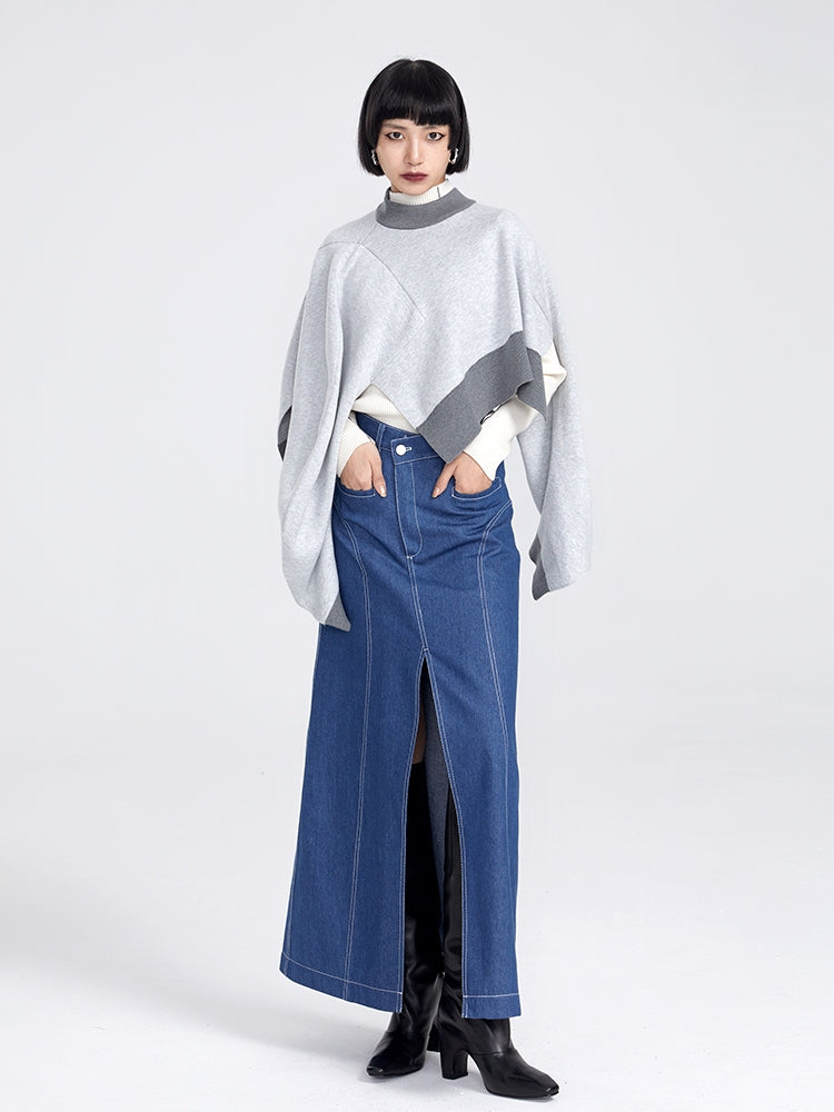 Cropped Loose Bi-color Slit Knit