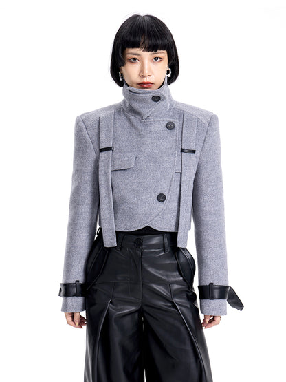 Stand-collar Nichi Leather Wool Jacket