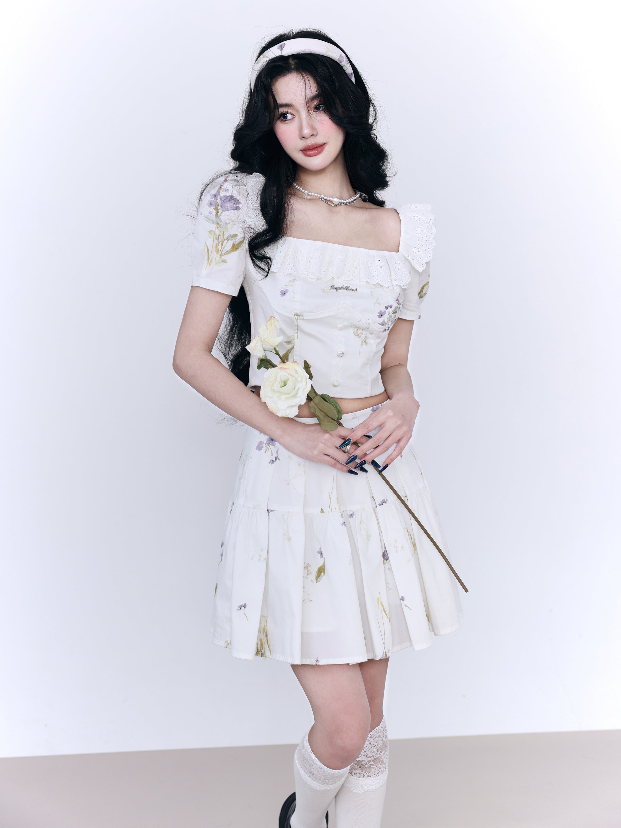 Lace Flower Natural Frill Girly Pleats Blouse＆Short-Skirt