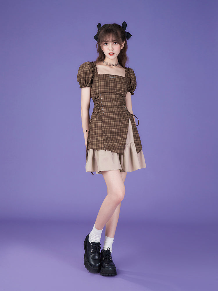 Lace-Up Checked Girly Puff-Sleeve ONE-PIECE – ARCANA ARCHIVE