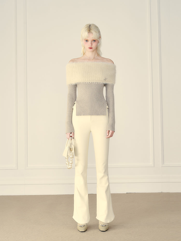 Off-Shouder Side-Slit Fur Rib-Knit