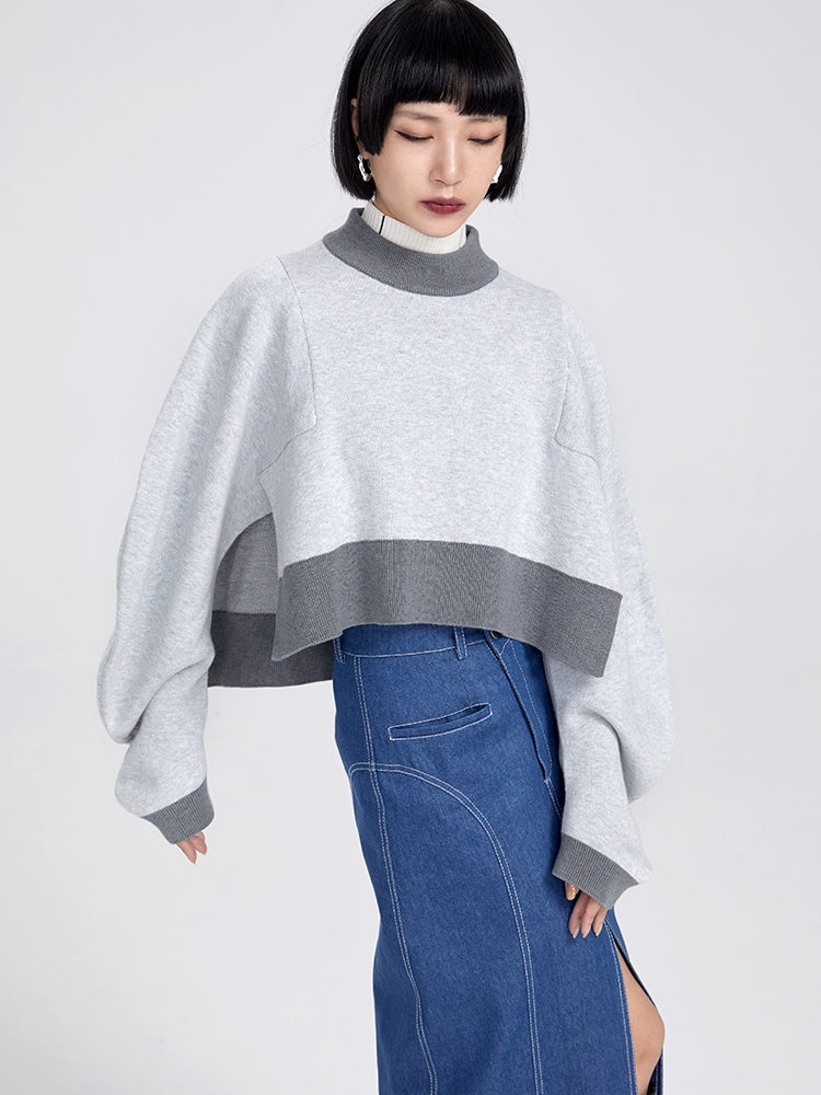 Cropped Loose Bi-color Slit Knit