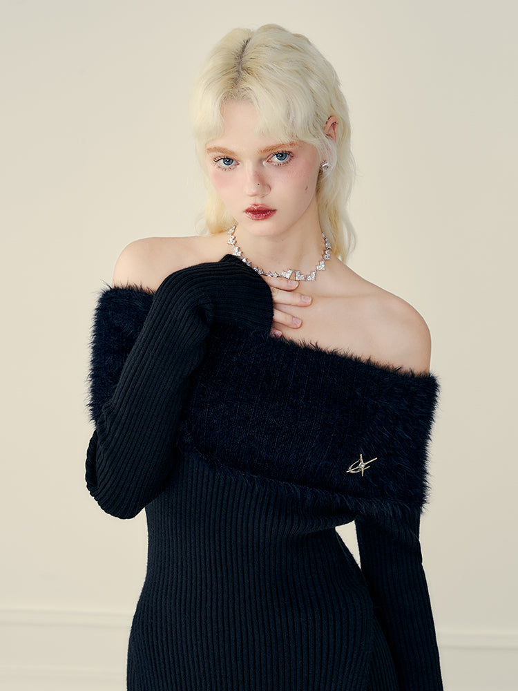 Off-Shouder Side-Slit Fur Rib-Knit