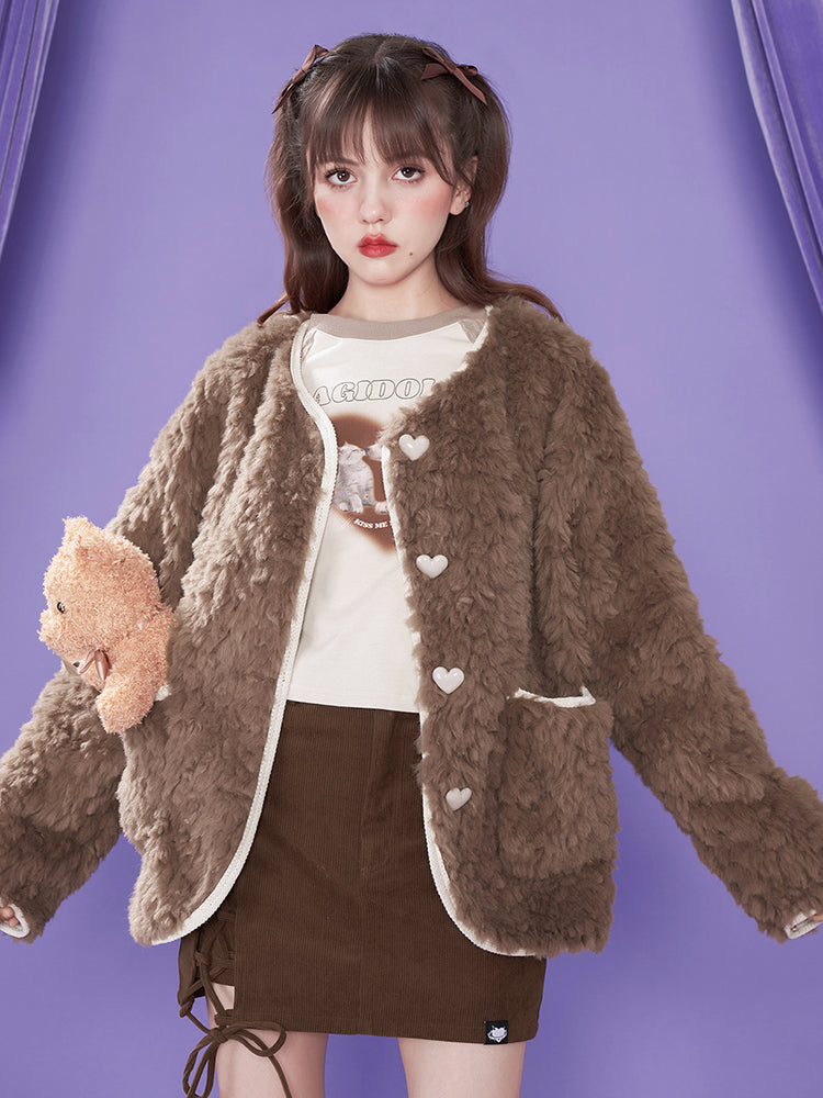 Heart No-collar Fluffy Boa-Coat