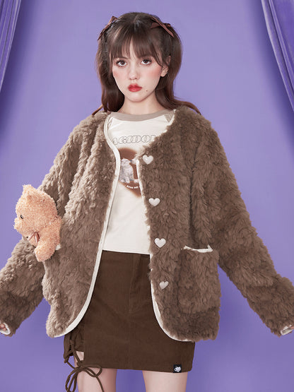 Heart NO-COLLAR FLUFFY BOA-COAT