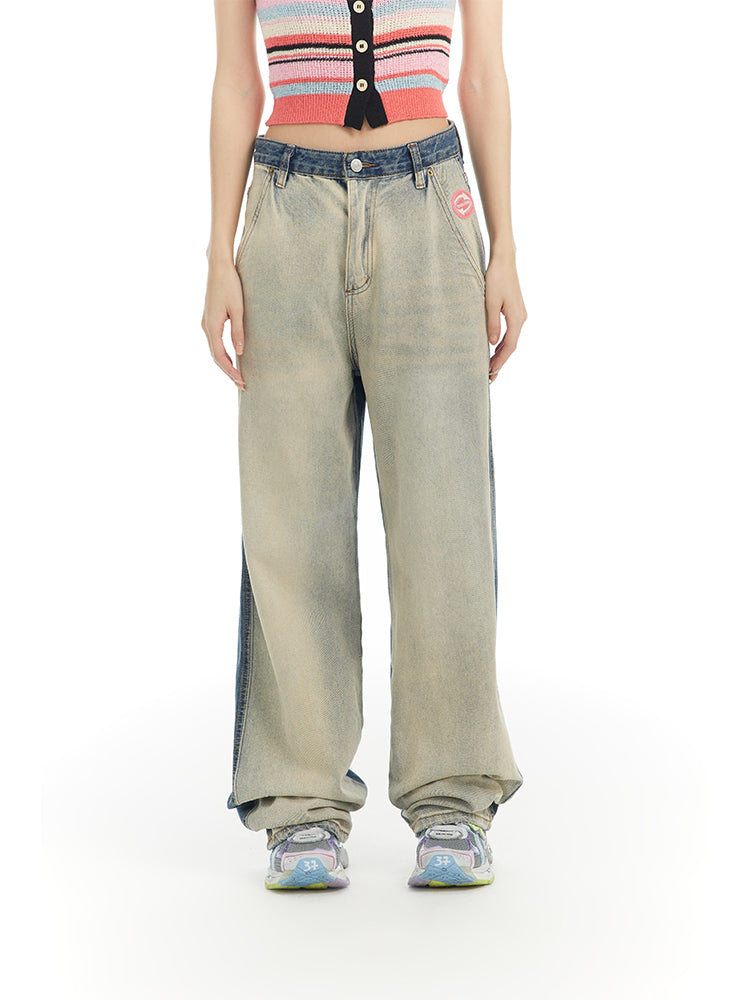 Nichi Contrast Faded-Denim Wide Casual Pants