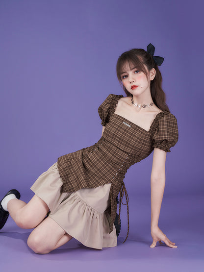 Lace-up Checked Girly Puff-sleeve One-piece