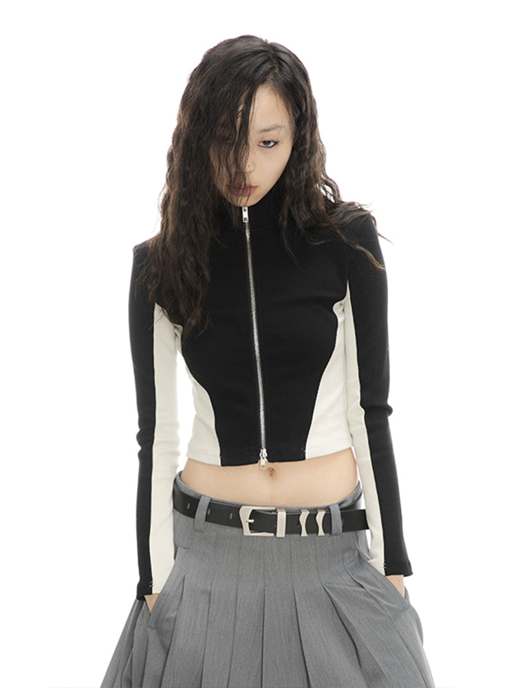 Nichi Bi-color Hoodie Tight Zip-Tops