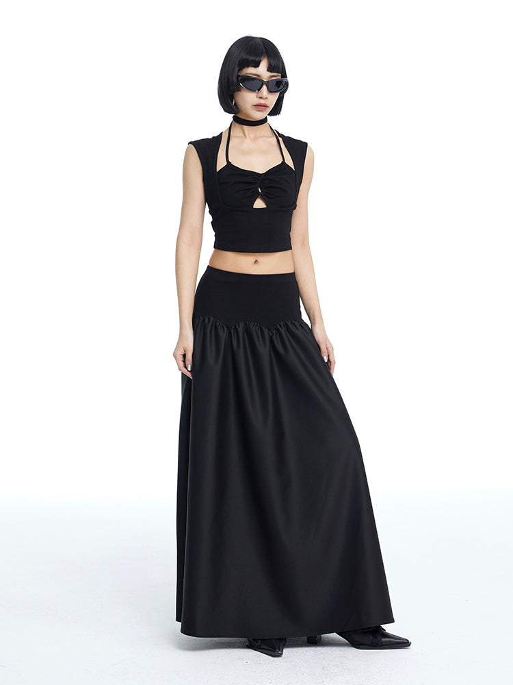 2way Plain Flare Bare-Tops Long-Skirt