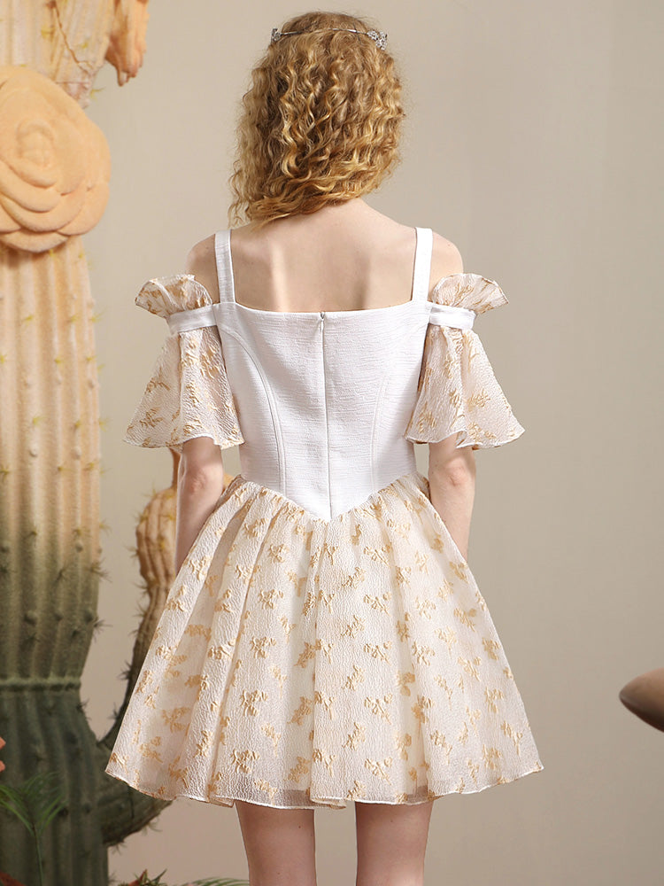 Opne-shoulder Princess Flare-sleeve Embroidery Dress