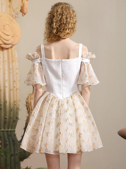 OPNE-SHOULDER PRINCESS FLARE-SLEEVE EMBROIDERY Dress