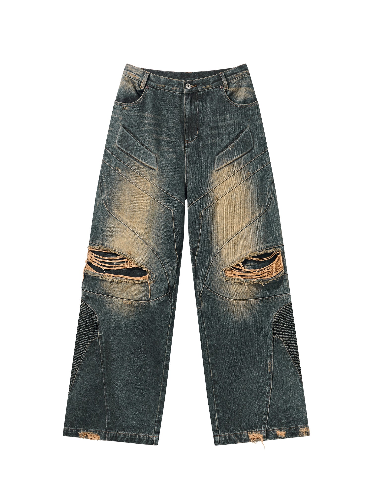 UNISEX DENIM DAMAGE FADED WIDE PANTS