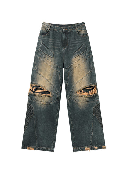 UNISEX DENIM DAMAGE FADED WIDE PANTS