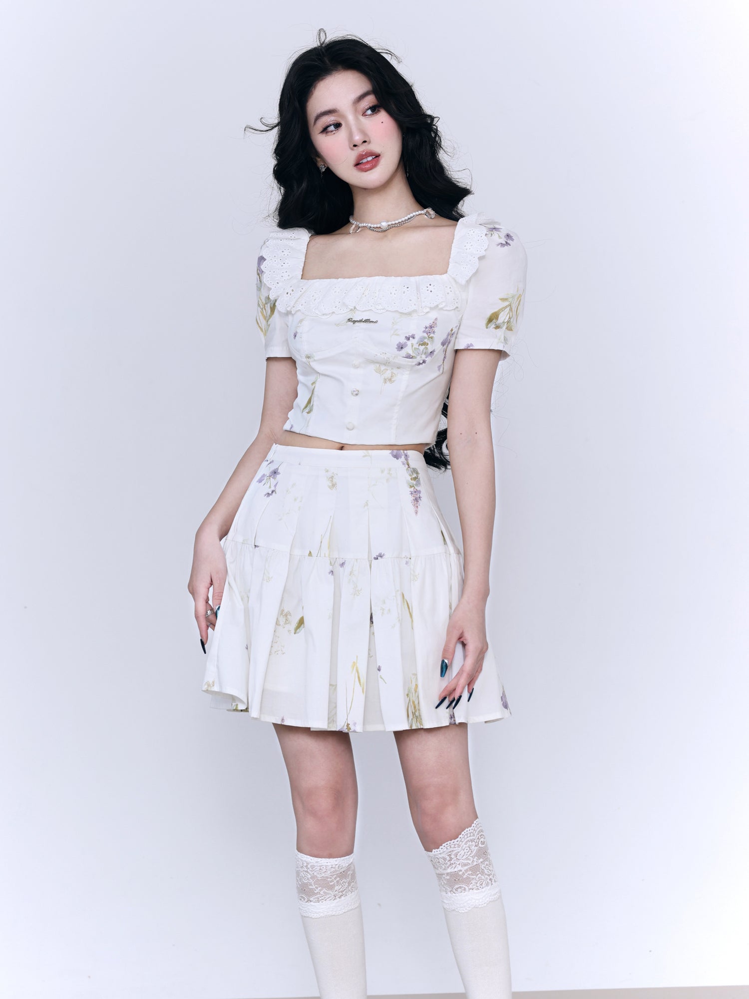 Lace Flower Natural Frill Girly PLEATS BLOUSE &amp; SHORT-SKIRT