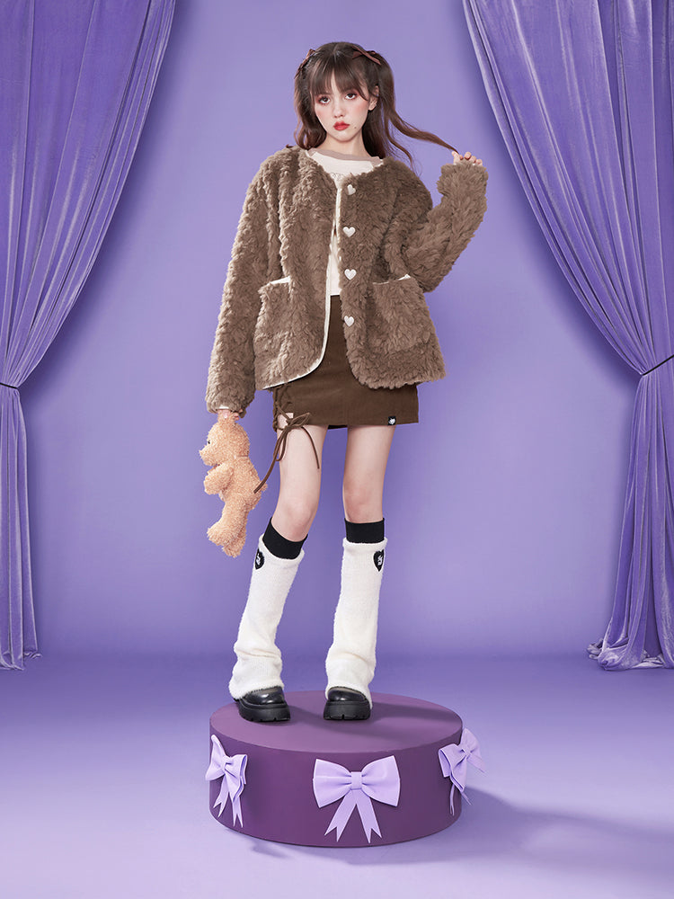 Heart No-collar Fluffy Boa-Coat