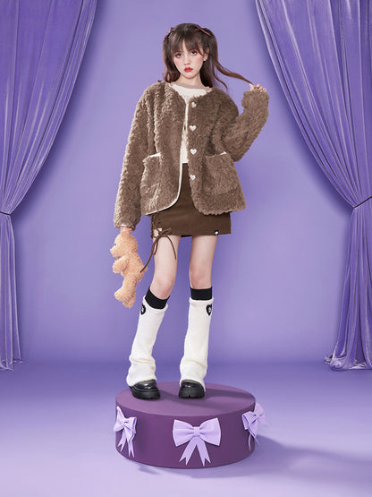 Heart NO-COLLAR FLUFFY BOA-COAT