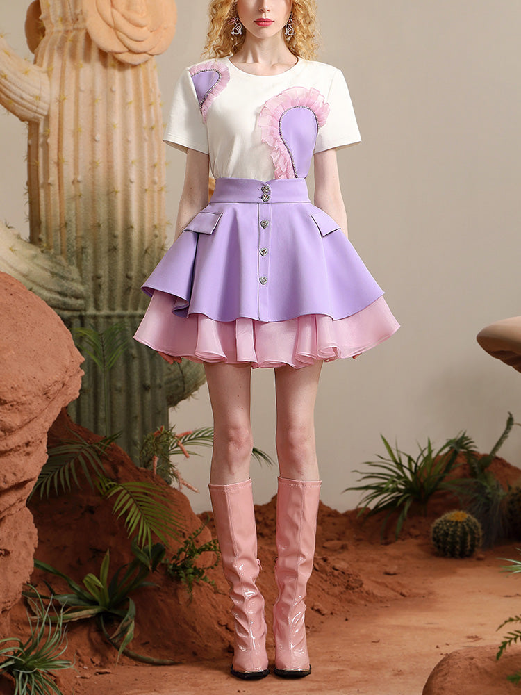 Girly Lace Frill Layered Sute Retro T-Shirt &amp; Skirt