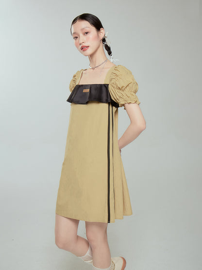 PUFF-SLEEVE CRUMPLY BI-COLOR RETRO ONE-PIECE