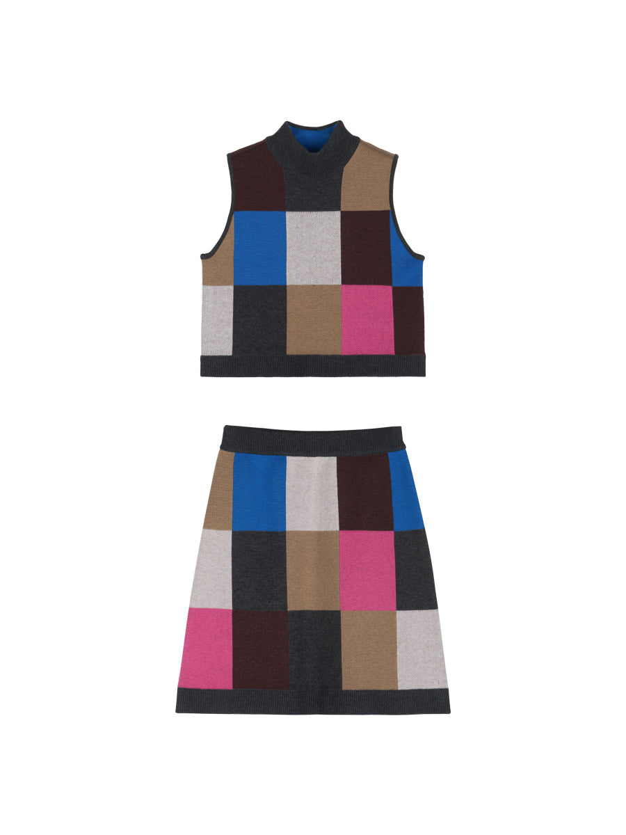 Multi-Color Colorful Block-Checked Knit Vest & Skit