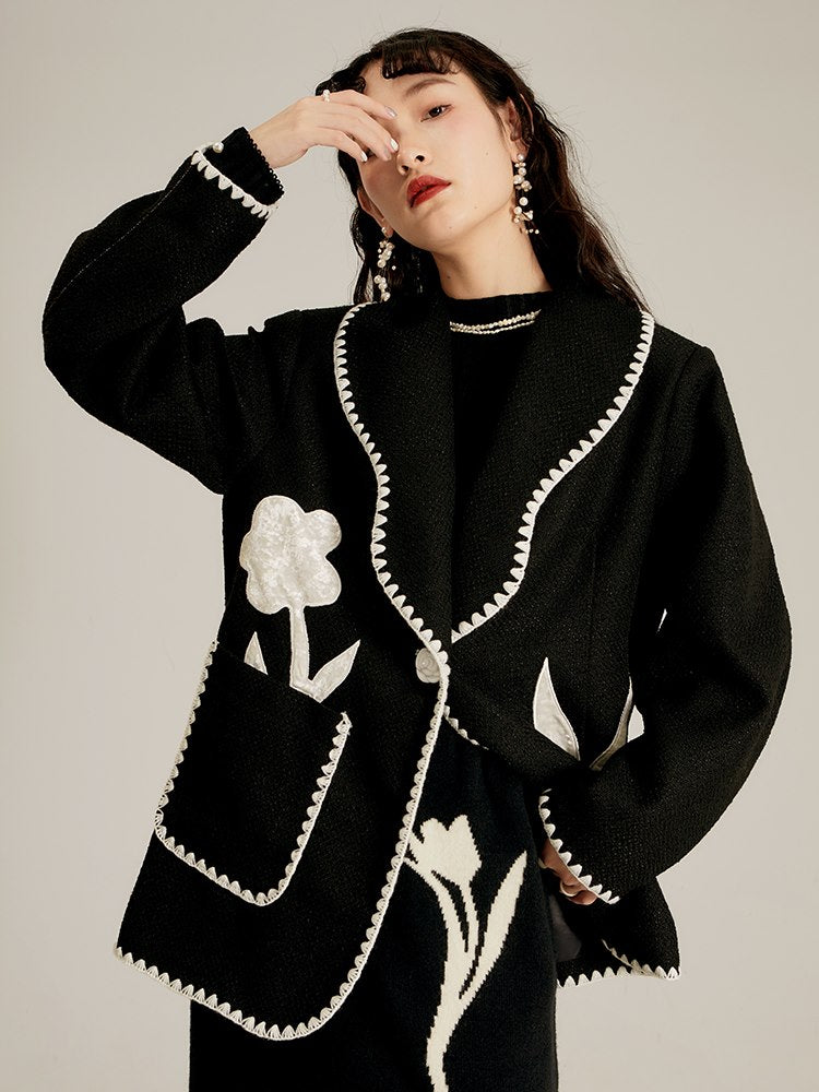 Monotone Silhouette Flower Embroidery Jacket