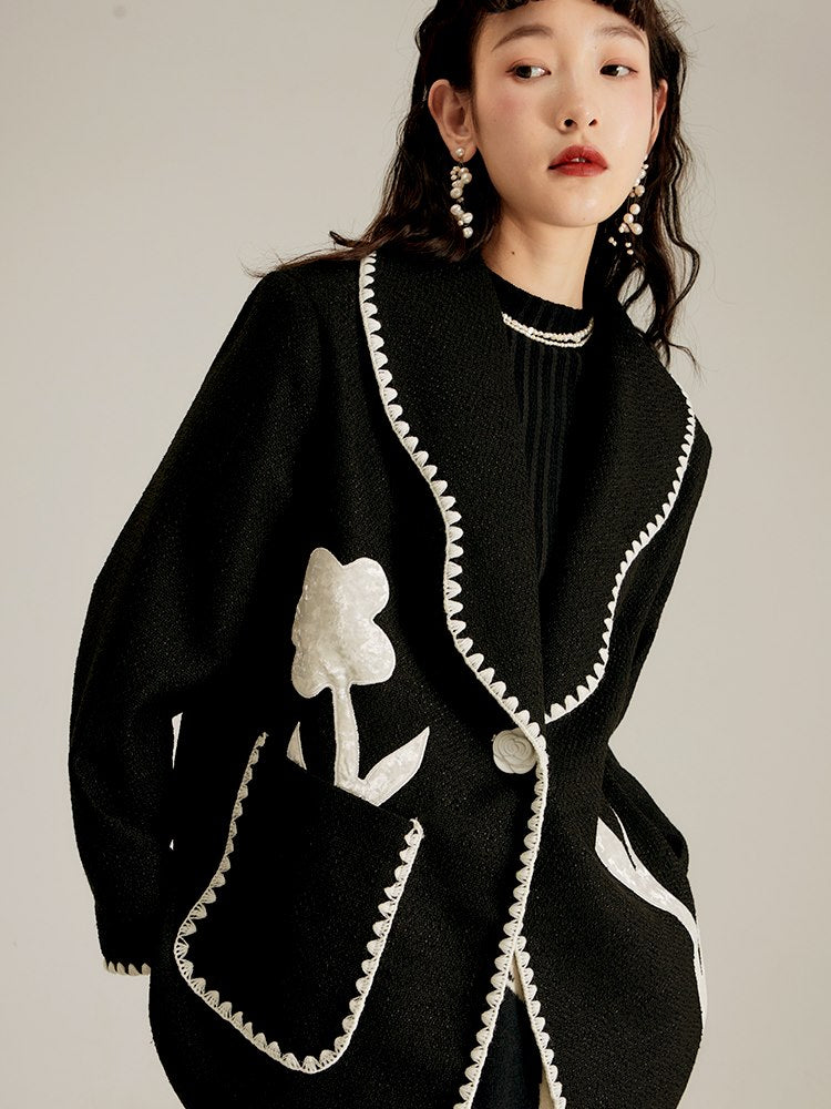 Monotone Silhouette Flower Embroidery Jacket