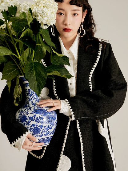 Monotone Silhouette Flower Embroidery Jacket