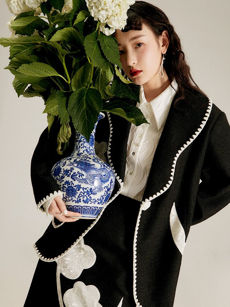 Monotone Silhouette Flower Embroidery Jacket