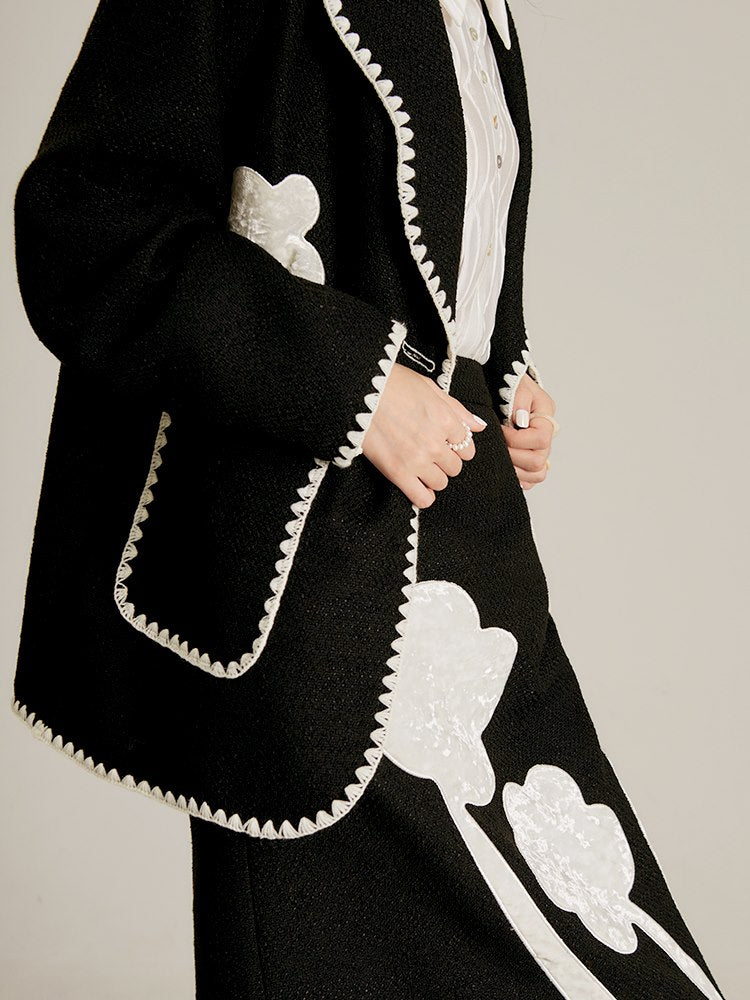 Monotone Silhouette Flower Embroidery Jacket