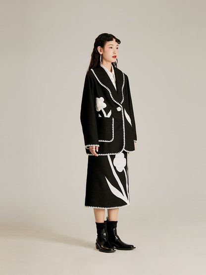 Monotone Silhouette Flower Embroidery Jacket