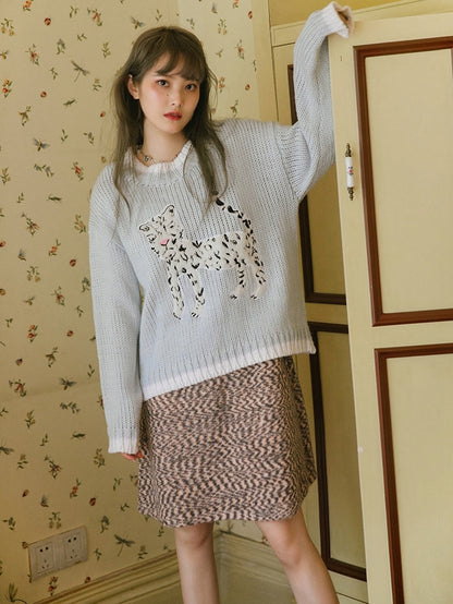 Leopard Embroidery Loose Knit Sweater