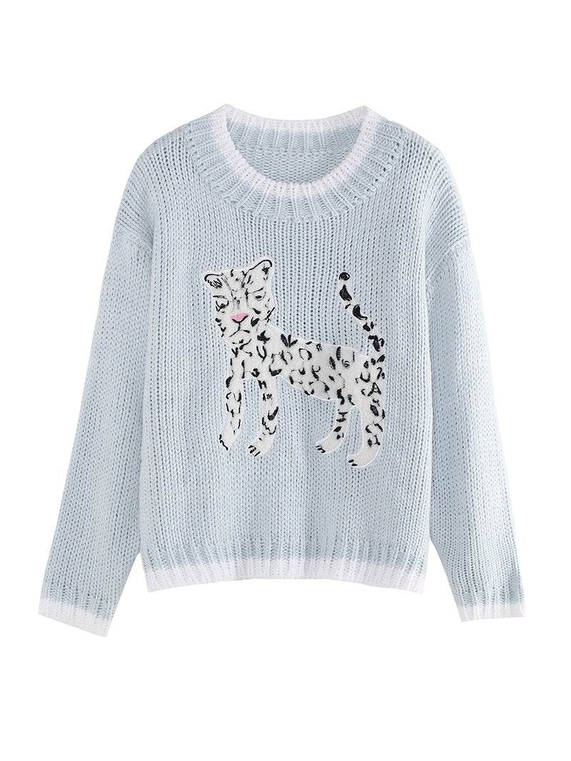 Leopard -Stickerei loser Strickpullover