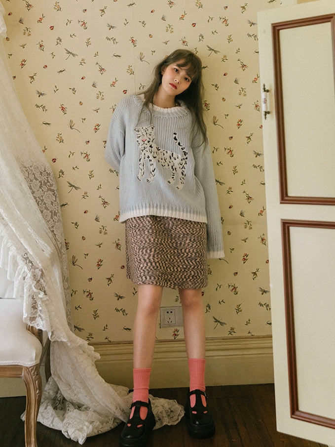 Leopard Embroidery Loose Knit Sweater