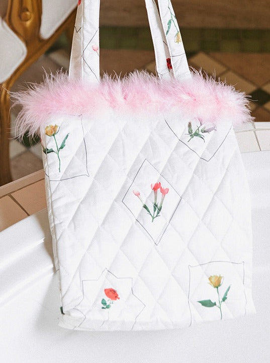 Flower Embossed Quilted Fur Tulip Bag