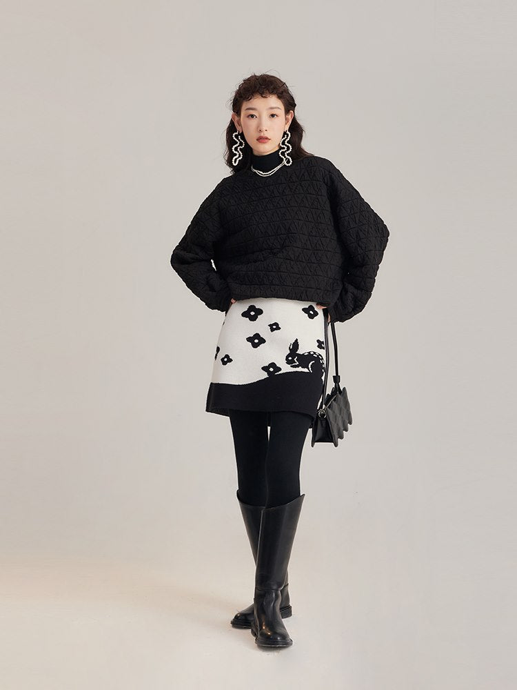 Rabbit Silhouette Flower Retro Knit Skirt