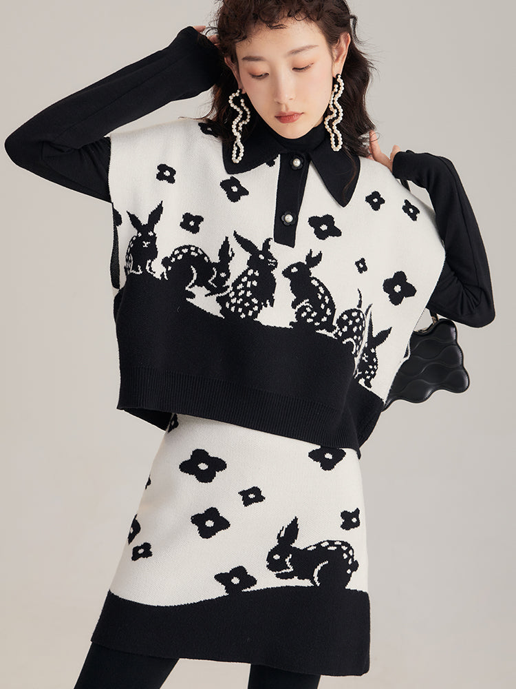 Rabbit Silhouette Flower Retro Knit Skirt